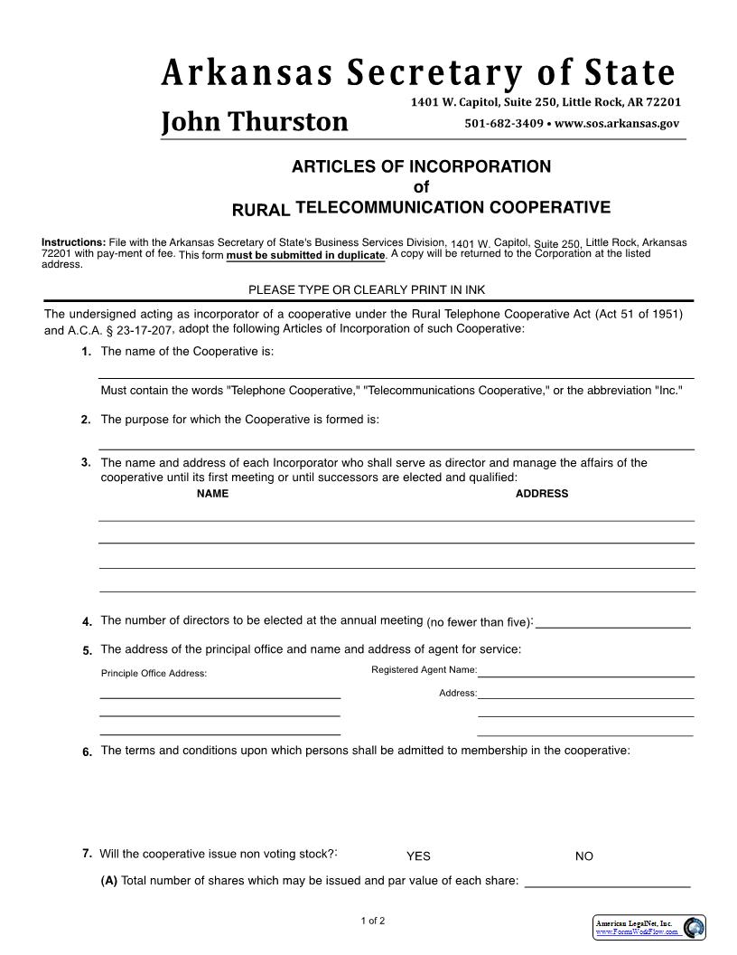 Articles Of Incorporation Of Rural Telecommunication Cooperative | Pdf Fpdf Docx | Arkansas