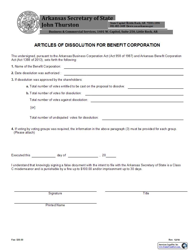 Articles Of Dissolution For Benefit Corporation | Pdf Fpdf Docx | Arkansas