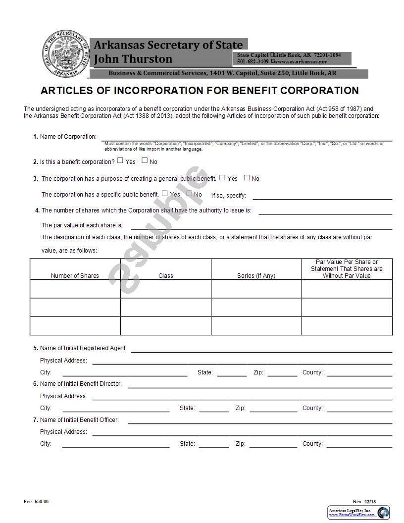 Articles Of Incorporation For Benefit Corporation | Pdf Fpdf Docx | Arkansas