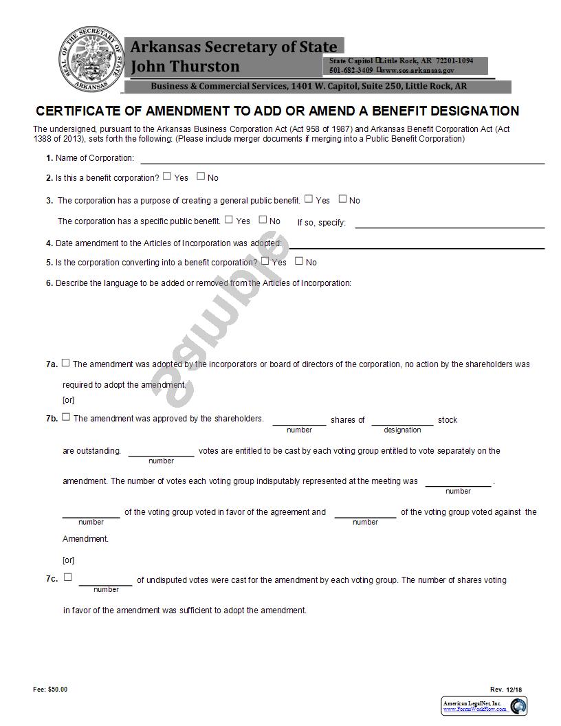 Certificate Of Amendment To Add Or Amend A Benefit Designation | Pdf Fpdf Docx | Arkansas