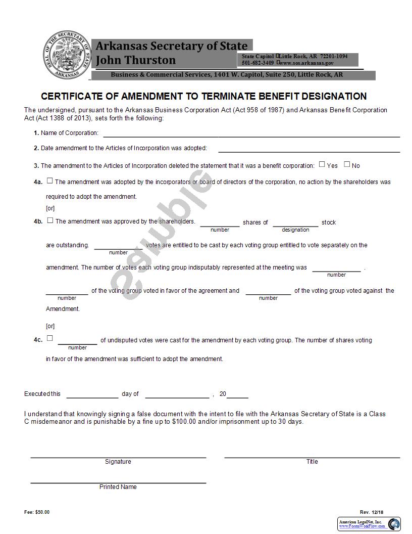 Certificate Of Amendment To Terminate Benefit Designation  | Pdf Fpdf Docx | Arkansas