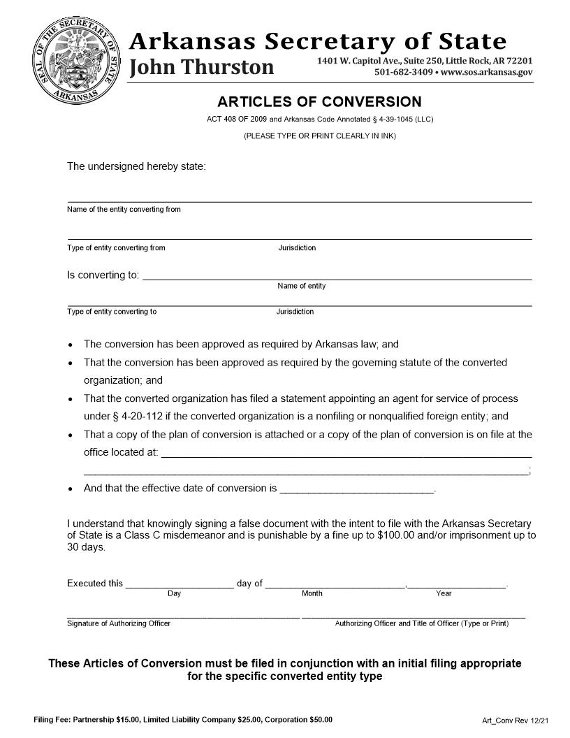 Articles Of Conversion | Pdf Fpdf Doc Docx | Arkansas
