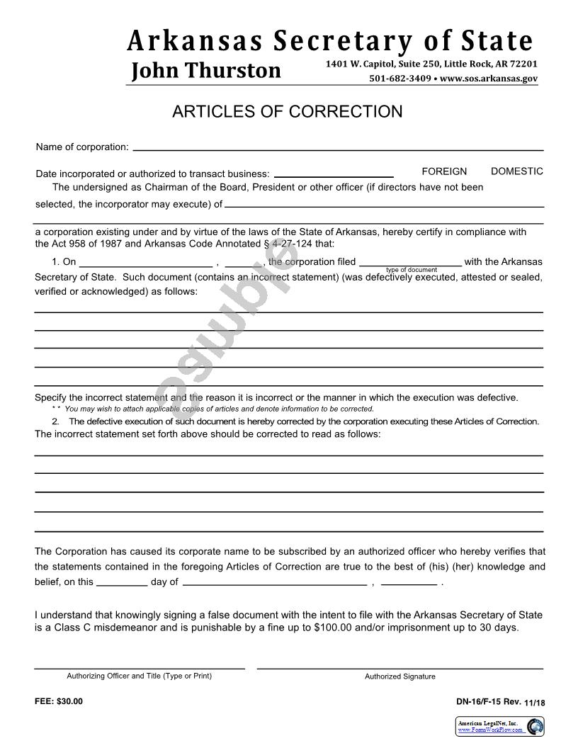 Articles Of Correction {DN-16} | Pdf Fpdf Docx | Arkansas