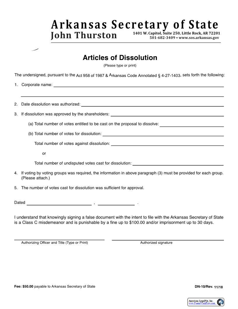 Articles Of Dissolution {DN-10} | Pdf Fpdf Docx | Arkansas