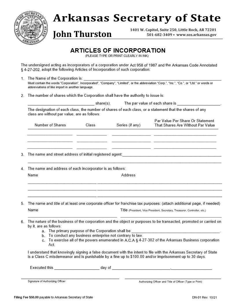 Articles Of Incorporation {DN-01} | Pdf Fpdf Docx | Arkansas