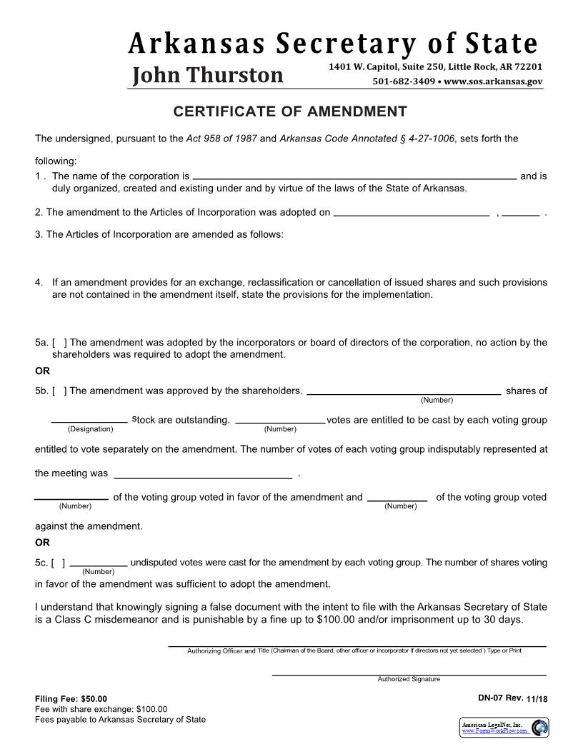 Certificate Of Amendment {DN-07} | Pdf Fpdf Docx | Arkansas