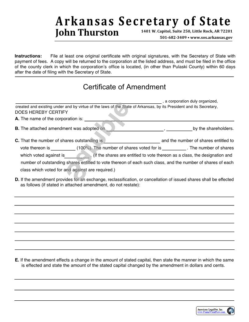 Certificate Of Amendment {DO-01} | Pdf Fpdf Docx | Arkansas