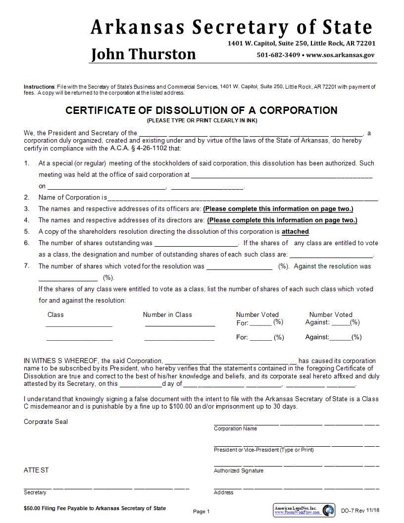 Certificate Of Dissolution Of A Corporation {DO-07} | Pdf Fpdf Docx | Arkansas