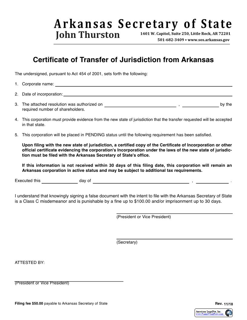Certificate Of Transfer Of Jurisdiction From Arkansas | Pdf Fpdf Docx | Arkansas