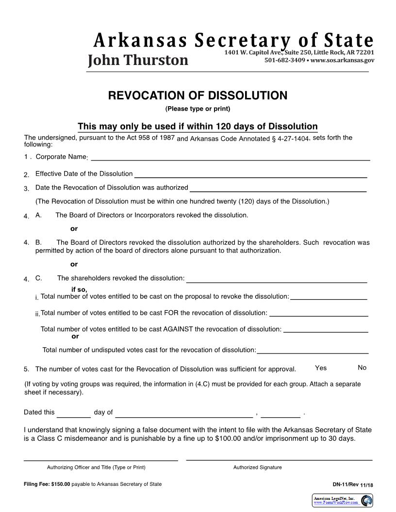 Revocation Of Dissolution {DN-11} | Pdf Fpdf Docx | Arkansas
