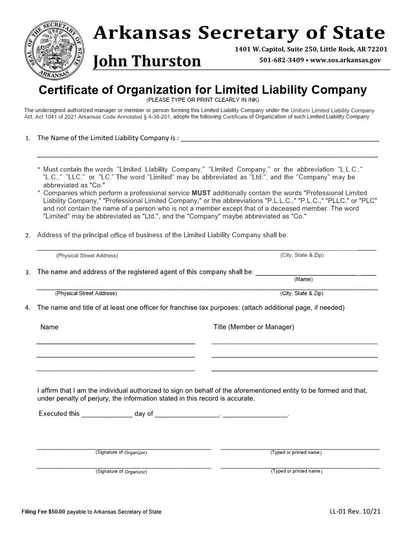 Certificate Of Organization For Limited Liability Company {LL-01} | Pdf Fpdf Docx | Arkansas