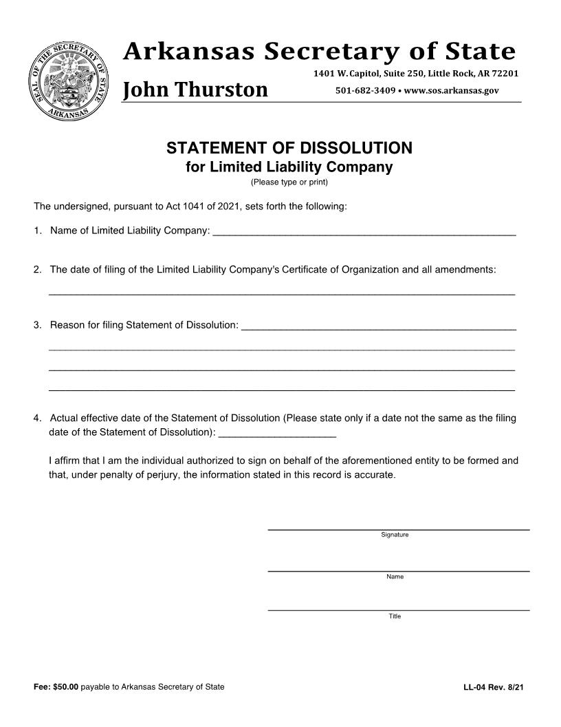 Statement Of Dissolution {LL-04} | Pdf Fpdf Docx | Arkansas