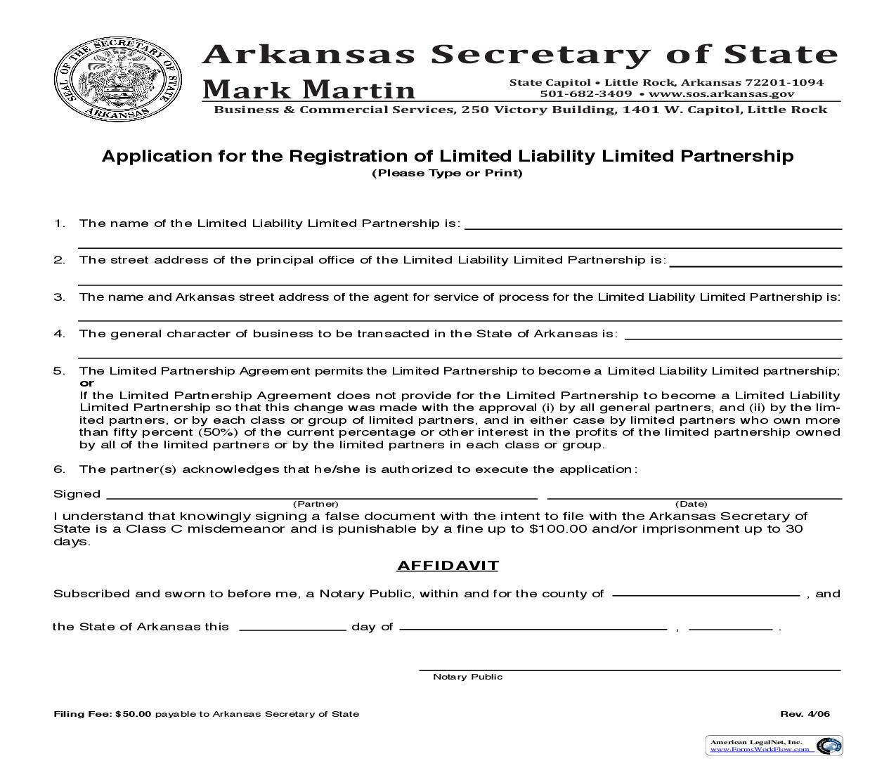 Application For Registration Of Limited Liability Limited Partnership |  | Arkansas