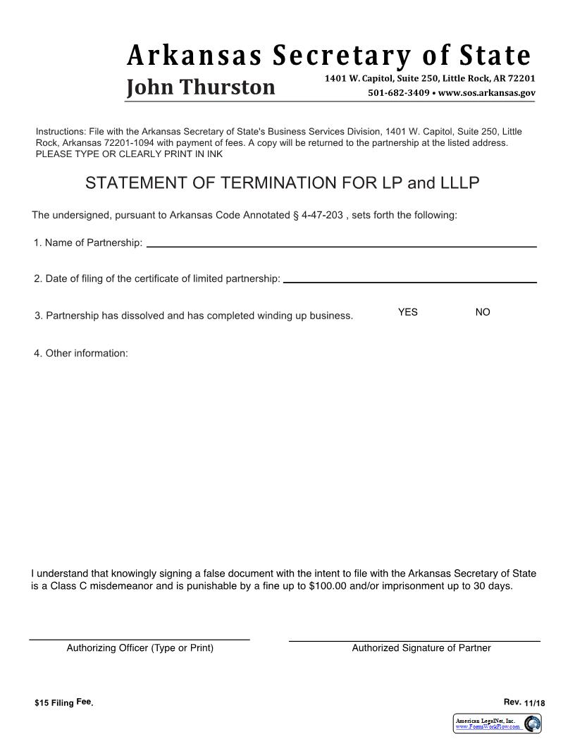 Statement Of Termination For LP And LLLP (Domestic Partnership) | Pdf Fpdf Docx | Arkansas