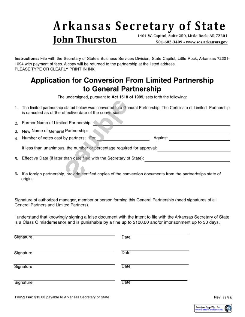 Application For Conversion From Limited Partnership To General Partnership | Pdf Fpdf Docx | Arkansas