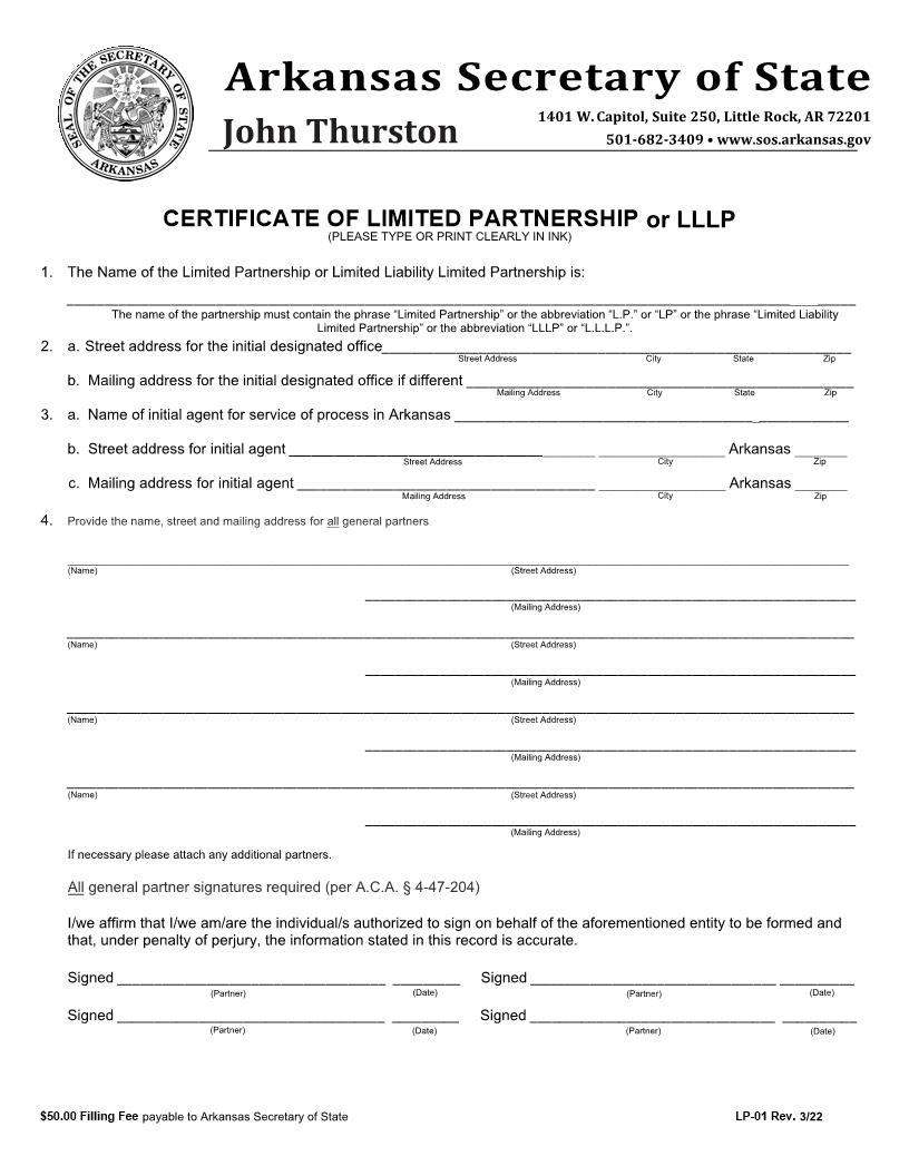 Certificate Of Limited Partnership {LP-01} | Pdf Fpdf Docx | Arkansas