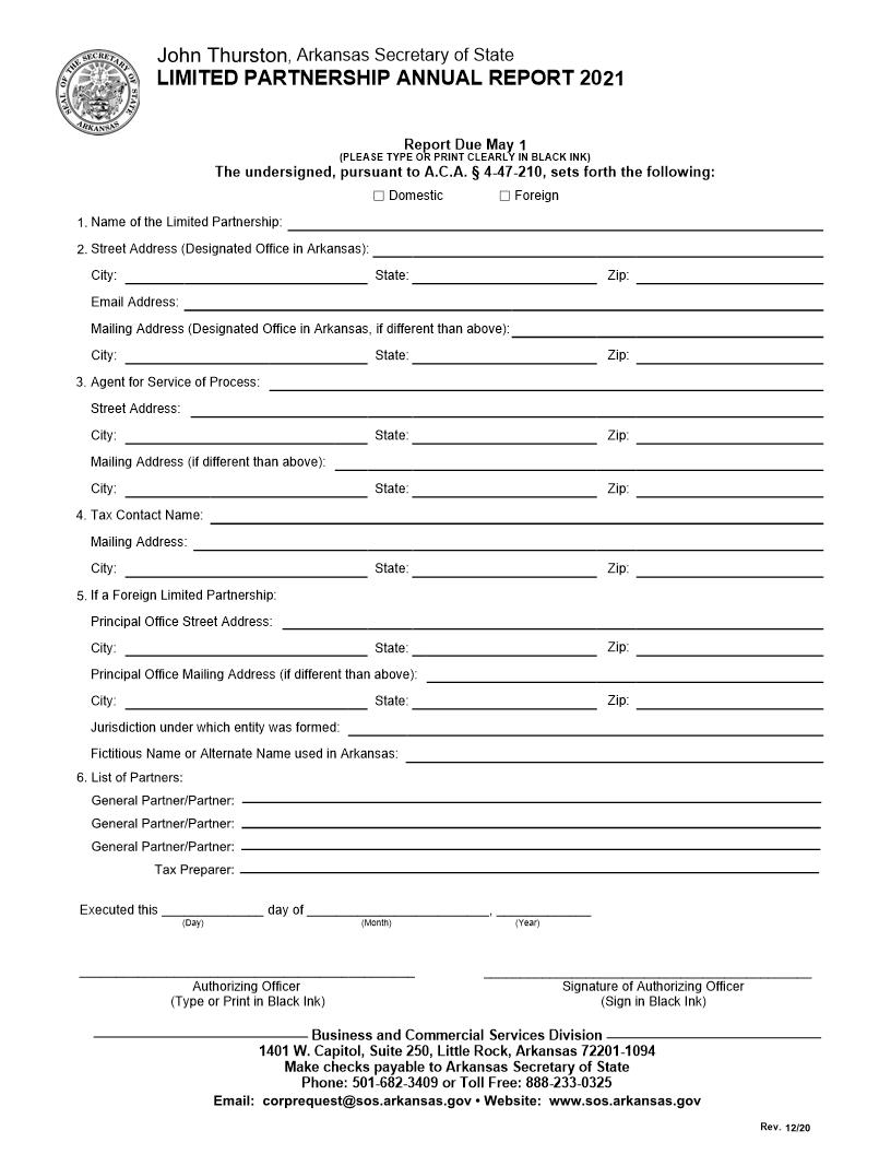 Limited Partnership Annual Report 2021 | Pdf Fpdf Docx | Arkansas