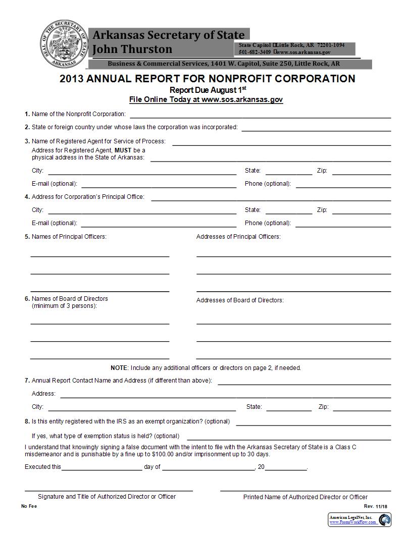 Annual Report For Nonprofit Corporation (2013 And Before) | Pdf Fpdf Docx | Arkansas