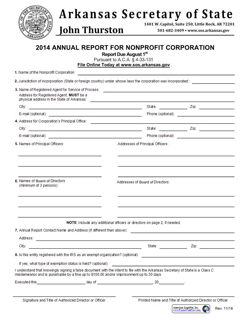 Annual Report For Nonprofit Corporation (2014) | Pdf Fpdf Docx | Arkansas