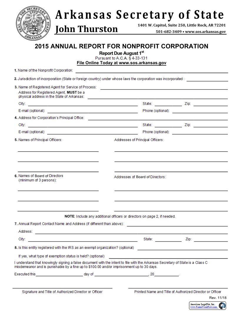Annual Report For Nonprofit Corporation (2015) | Pdf Fpdf Docx | Arkansas