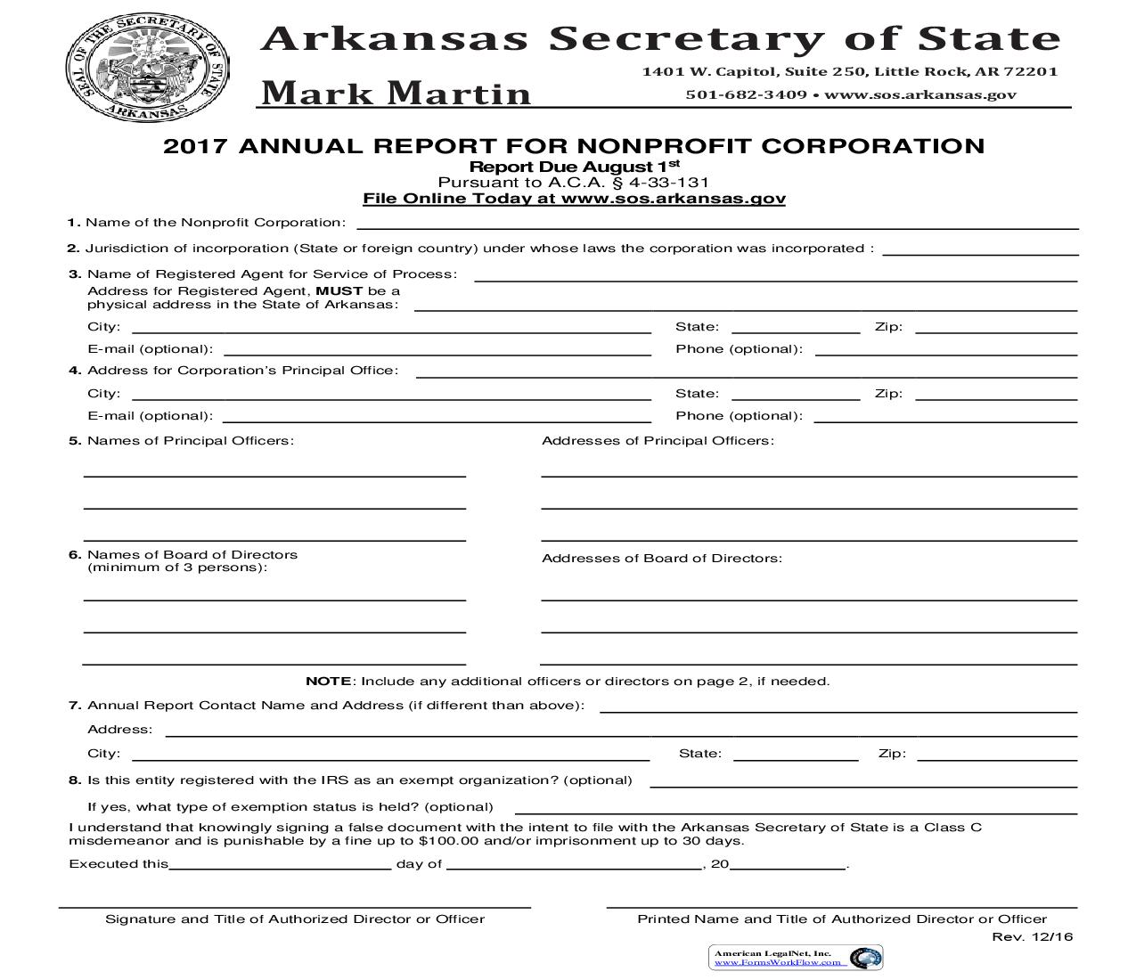 Annual Report For Nonprofit Corporation (2017) | Pdf Fpdf Doc Docx | Arkansas