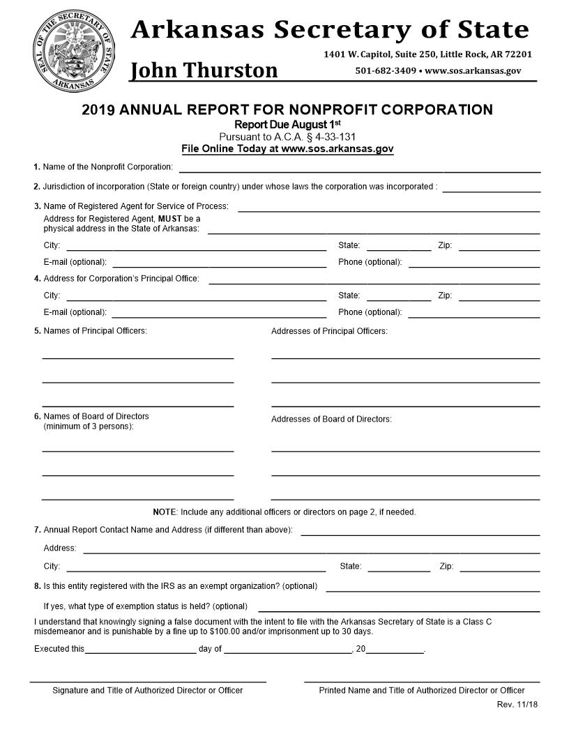 Annual Report For Nonprofit Corporation 2019 | Pdf Fpdf Docx | Arkansas