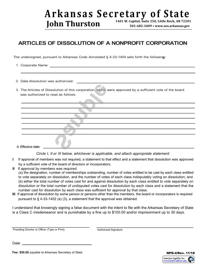 Articles Of Dissolution Of A Non-Profit Corporation {NPD-4} | Pdf Fpdf Docx | Arkansas