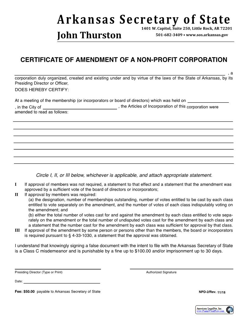 Certificate Of Amendment Of A Non-Profit Corporation {NPD-2} | Pdf Fpdf Docx | Arkansas