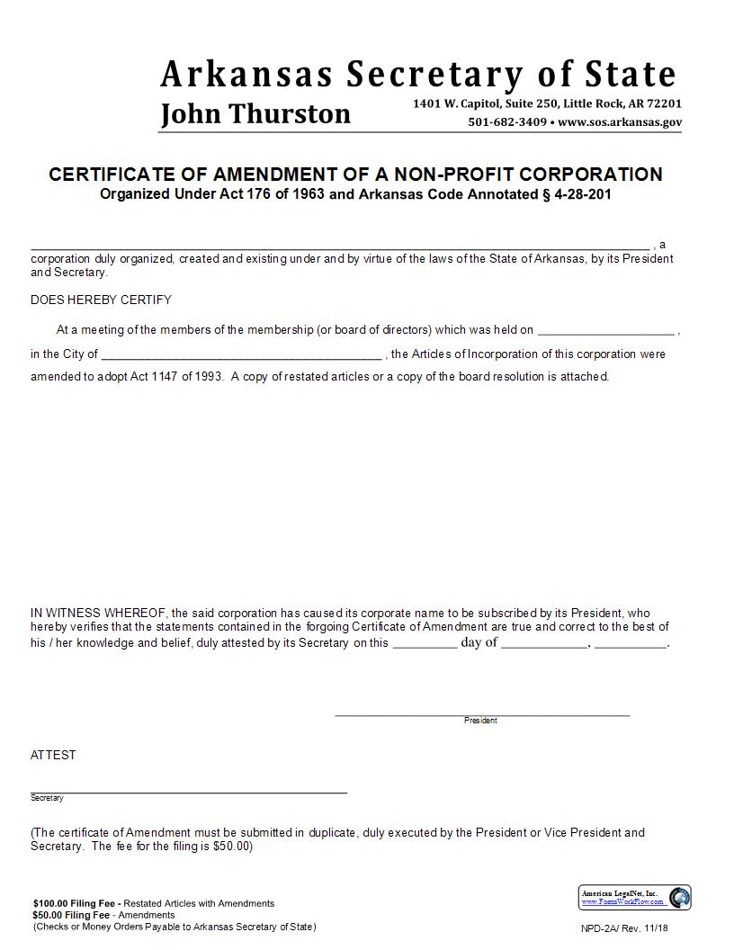 Certificate Of Amendment Of A Non-Profit Corporation Organized Under Act 176 Of 1963 {NPD-2A} | Pdf Fpdf Docx | Arkansas