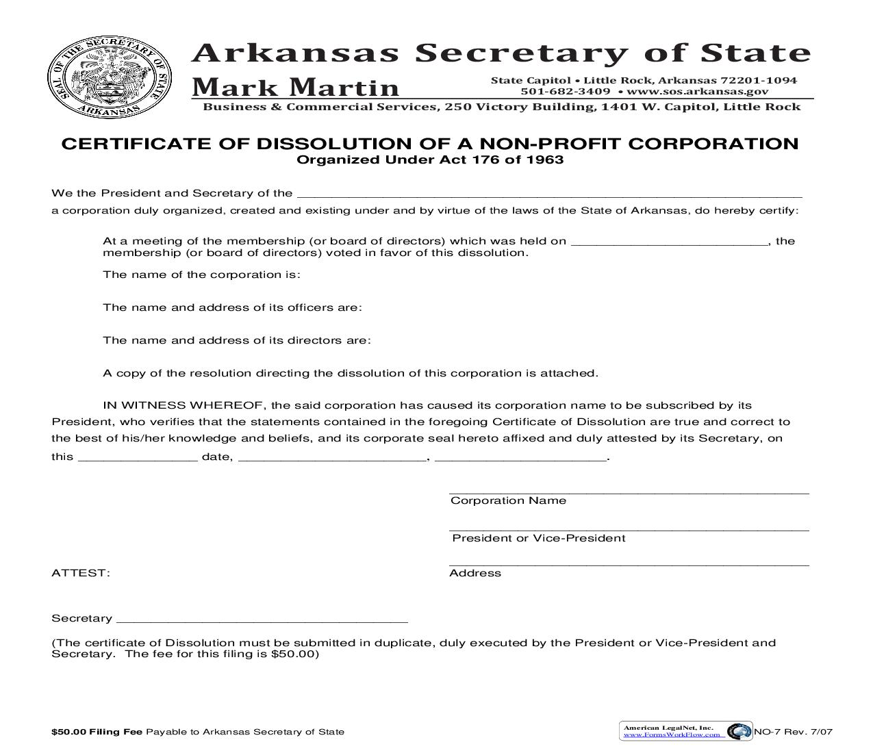 Certificate Of Dissolution Of A Non-Profit Corporation {NO-7A} (Old Code) |  | Arkansas