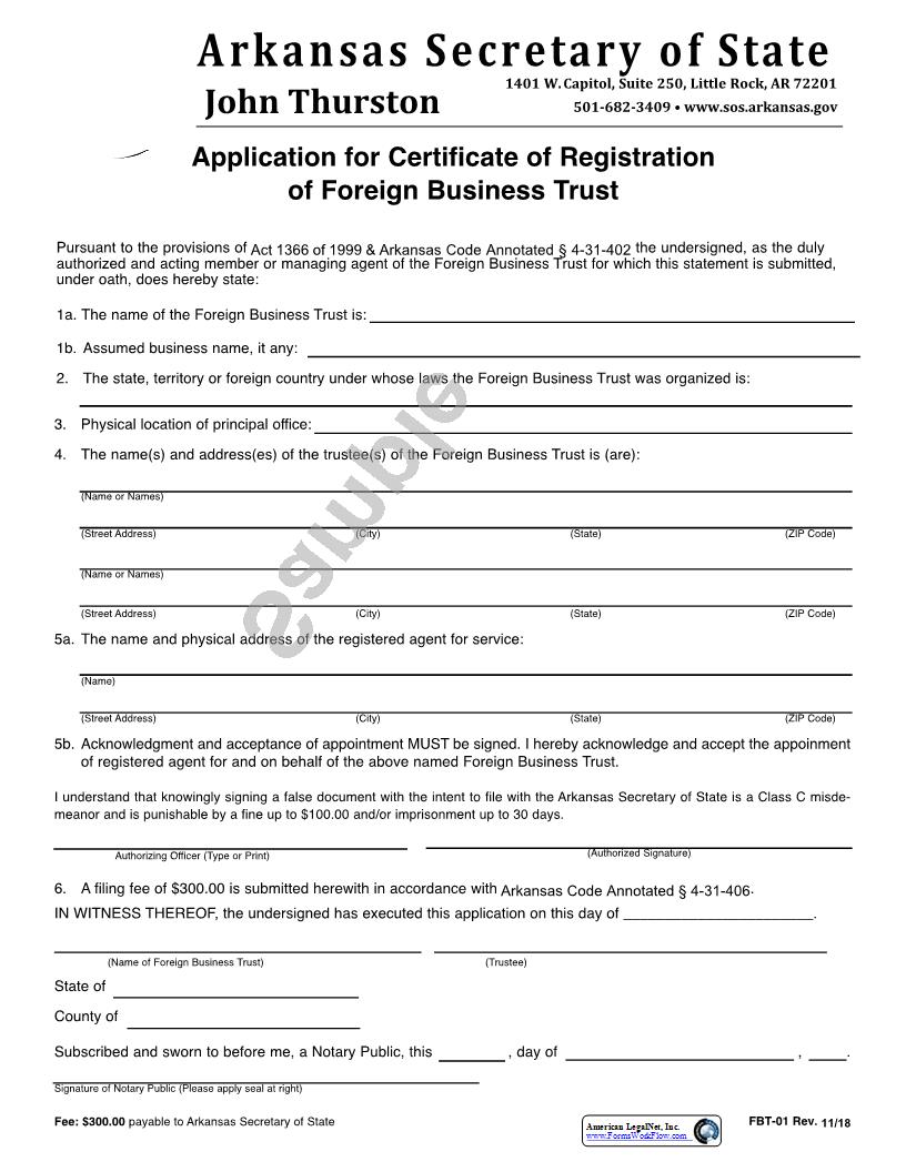 Application For Certificate Of Registration Of Foreign Business Trust {FBT-01} | Pdf Fpdf Docx | Arkansas