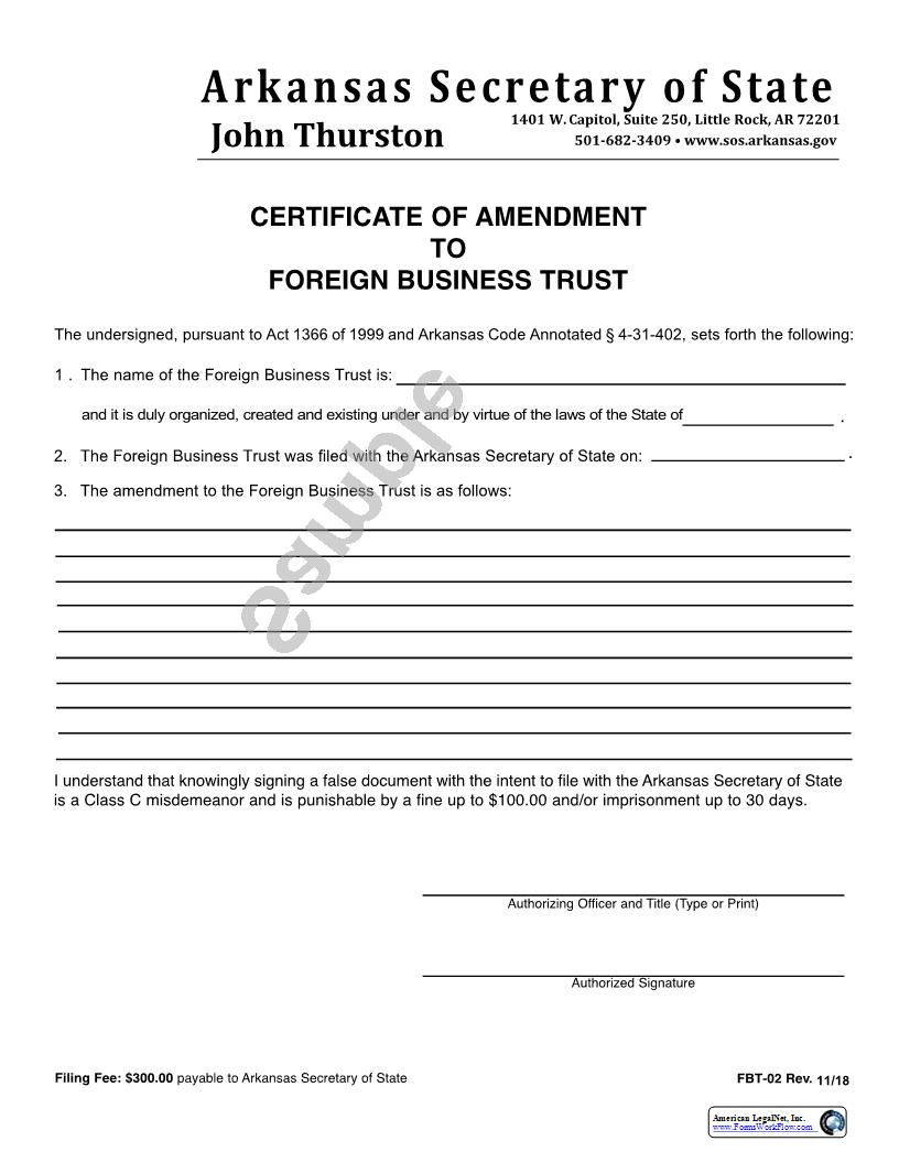 Certificate Of Amendment To Foreign Business Trust {FBT-02} | Pdf Fpdf Docx | Arkansas