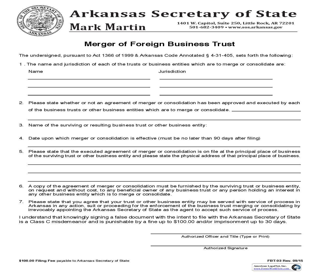 Merger Of Foreign Business Trust {FBT-03} |  | Arkansas