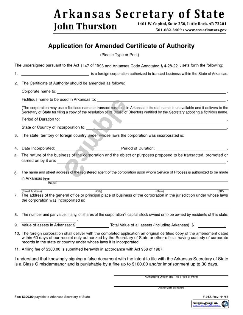 Application For Amended Certificate Of Authority {F-01A} | Pdf Fpdf Docx | Arkansas