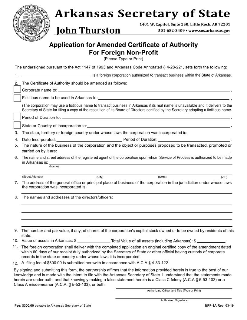 Application For Amended Certificate Of Authority For Foreign Non Profit {NPF-1A} | Pdf Fpdf Docx | Arkansas