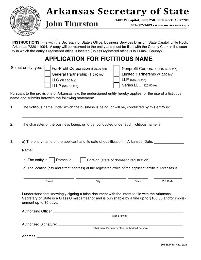 Application For Fictitious Name LC {DN-18, F-18} | Pdf Fpdf Doc Docx | Arkansas