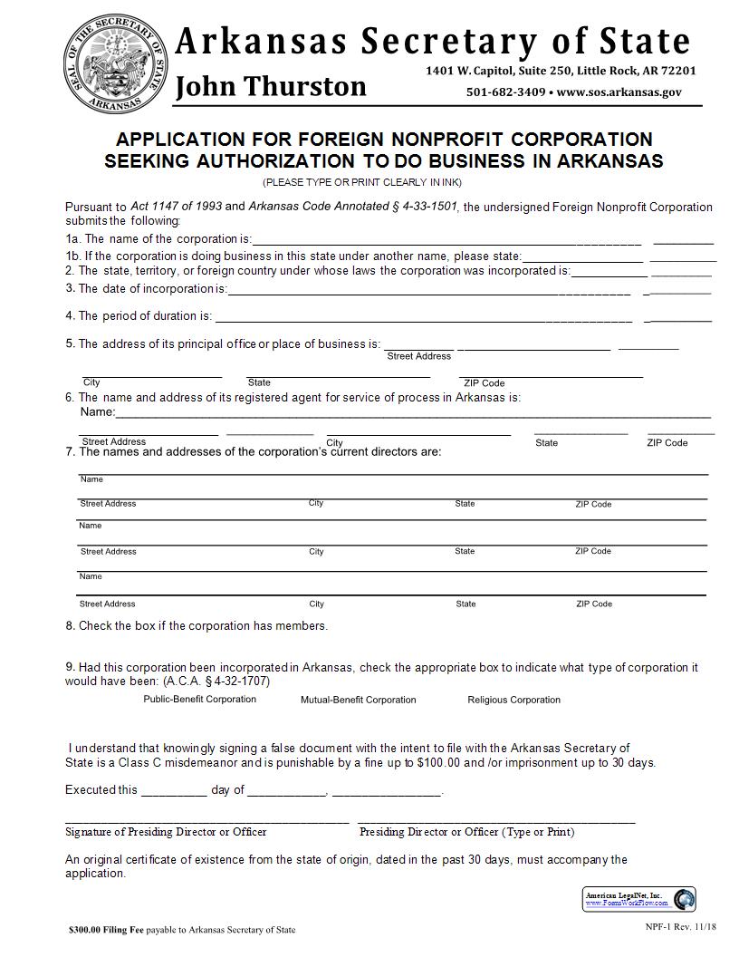 Application For Foreign Nonprofit Corporation Seeking To Do Business In Arkansas {NPF-1} | Pdf Fpdf Docx | Arkansas