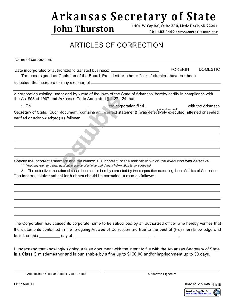 Articles Of Correction {F-15} | Pdf Fpdf Docx | Arkansas