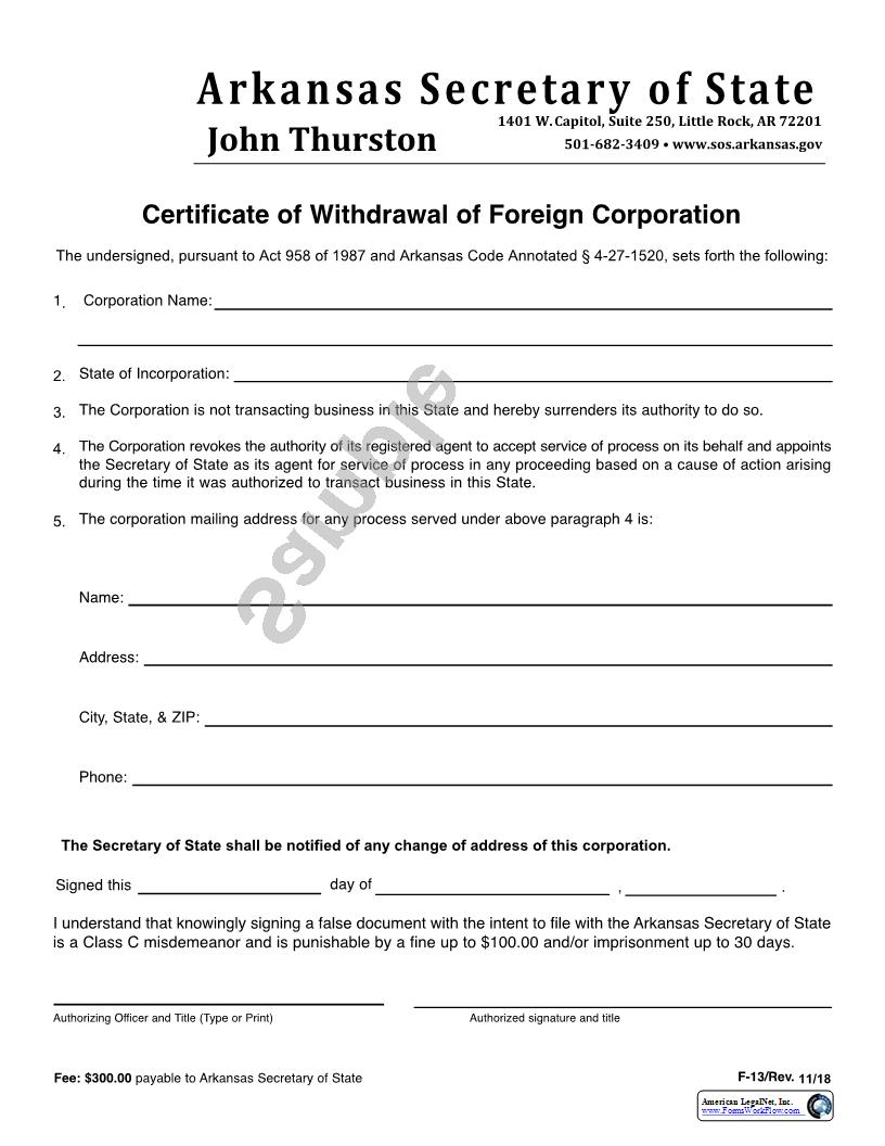 Certificate Of Withdrawal Of Foreign Corporation {F-13} | Pdf Fpdf Docx | Arkansas