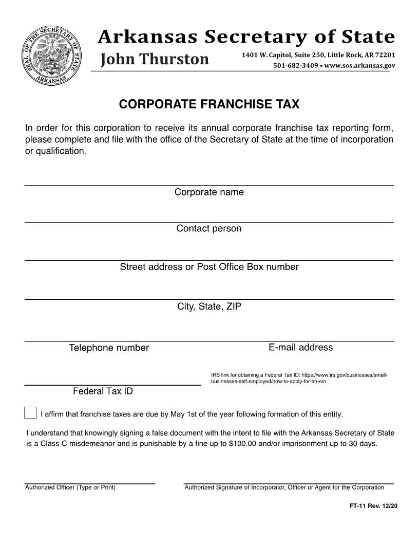 Corporate Franchise Tax Registration {FT-11} | Pdf Fpdf Doc Docx | Arkansas