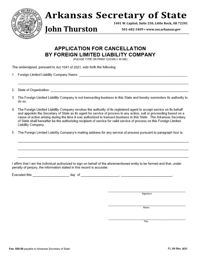 Application For Cancellation By Foreign Limited Liability Company {FL-04} | Pdf Fpdf Docx | Arkansas