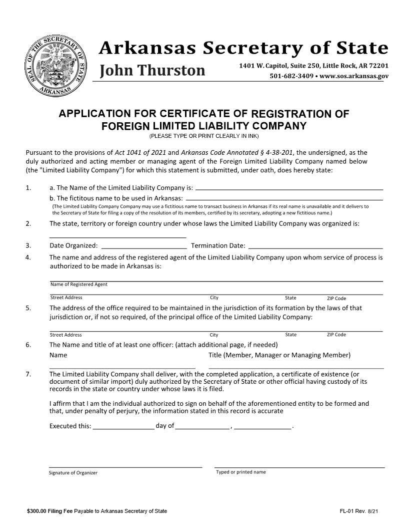 Application For Certificate Of Registration Of Foreign Limited Liability Company {FL-01} | Pdf Fpdf Docx | Arkansas