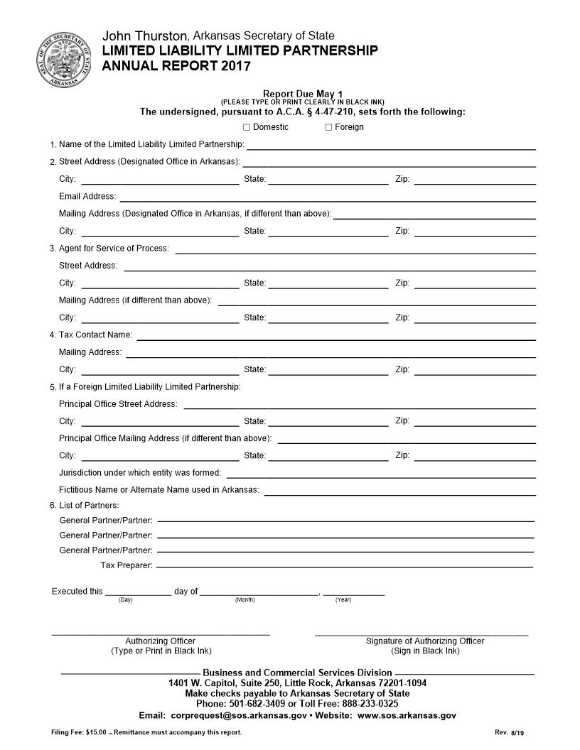 Limited Liability Limited Partnership Annual Report 2017 | Pdf Fpdf Doc Docx | Arkansas