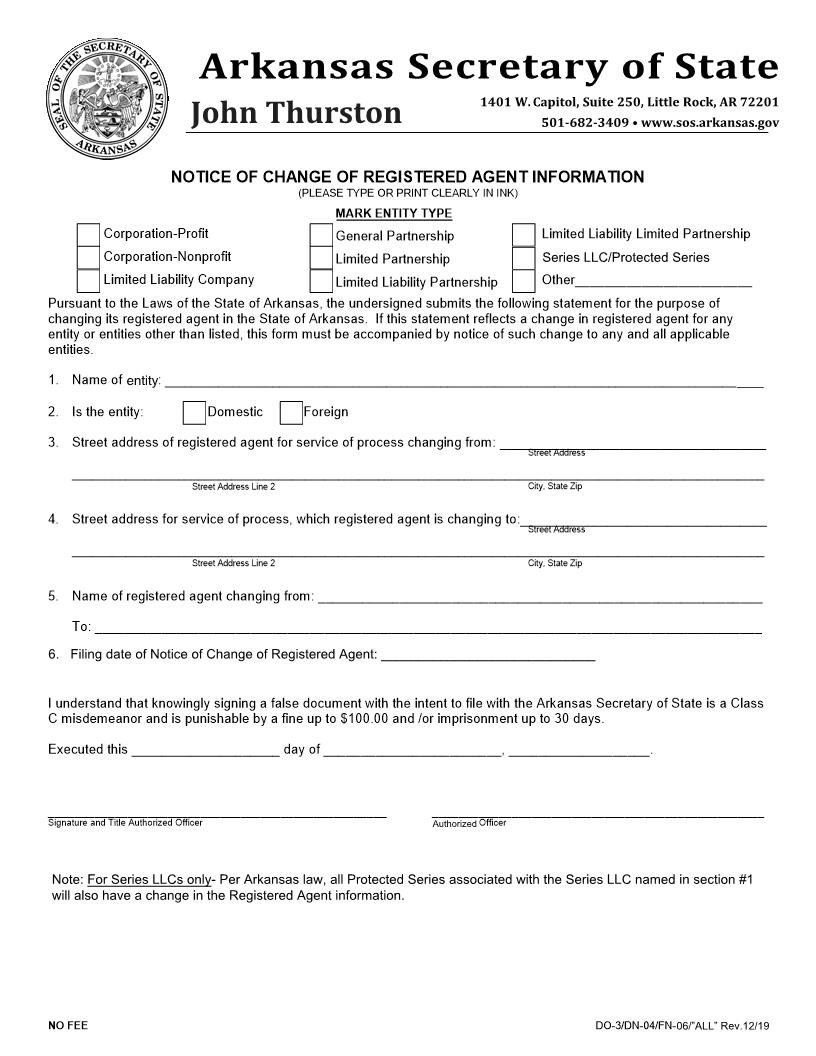Notice Of Change Of Registered Agent Information {DO-3} | Pdf Fpdf Doc Docx | Arkansas