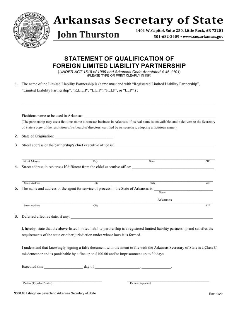 Statement Of Qualification Of Foreign Limited Liability Partnership New Code | Pdf Fpdf Docx | Arkansas