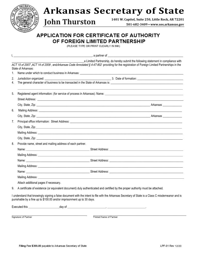 Application For Certificate Of Authority Of Foreign Limited Partnersip {LPF-01} | Pdf Fpdf Docx | Arkansas