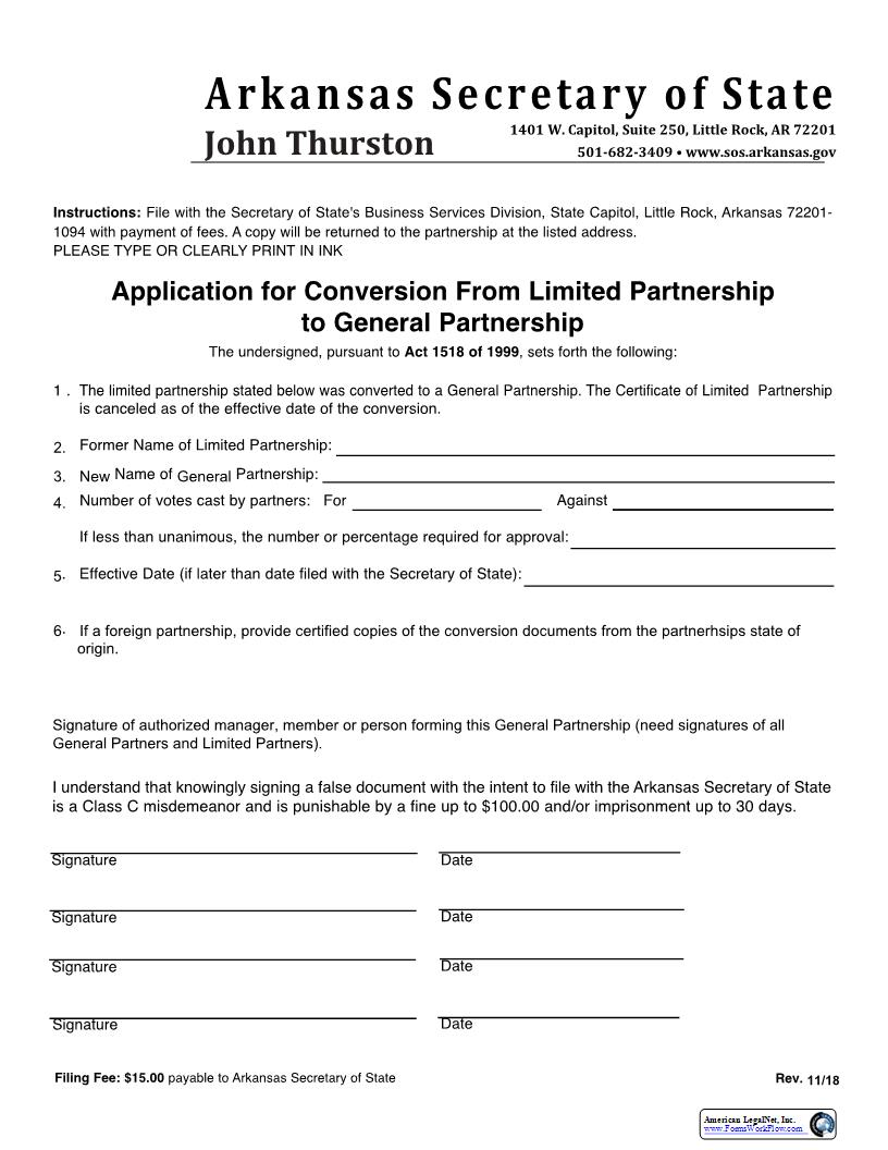 Application For Conversion From Limited Partnership To General Partnership | Pdf Fpdf Docx | Arkansas