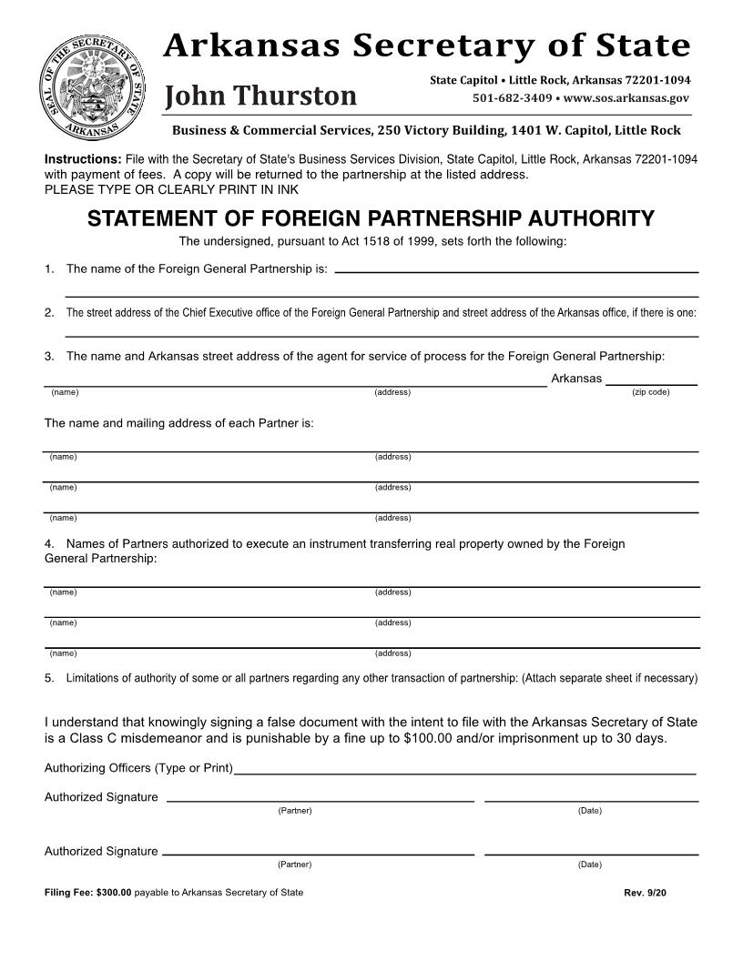 Statement Of Foreign Partnership Authority | Pdf Fpdf Docx | Arkansas