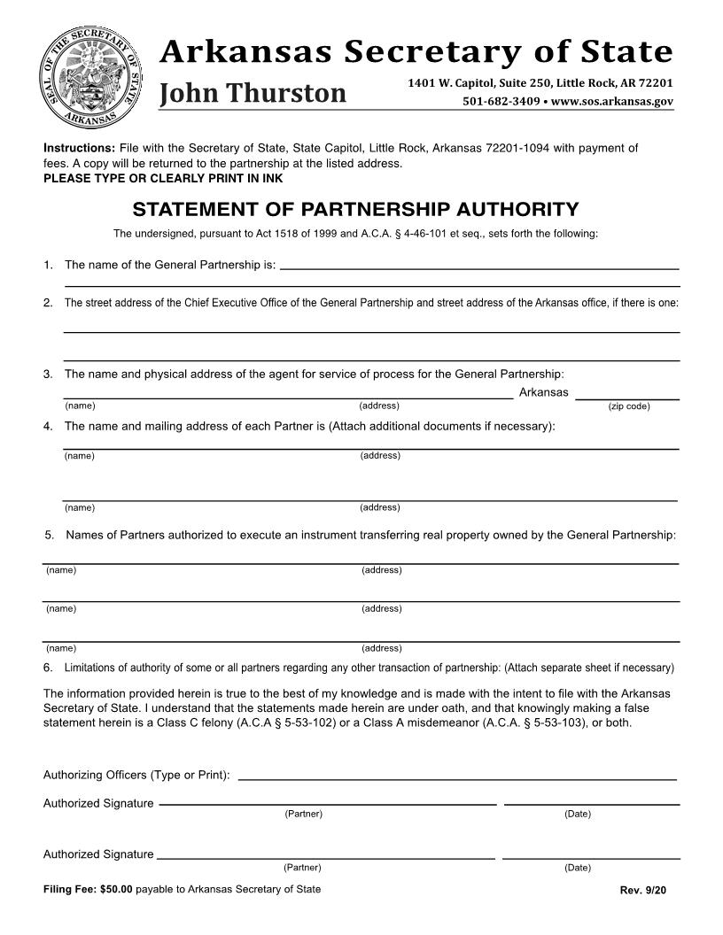 Statement Of Partnership Authority | Pdf Fpdf Docx | Arkansas