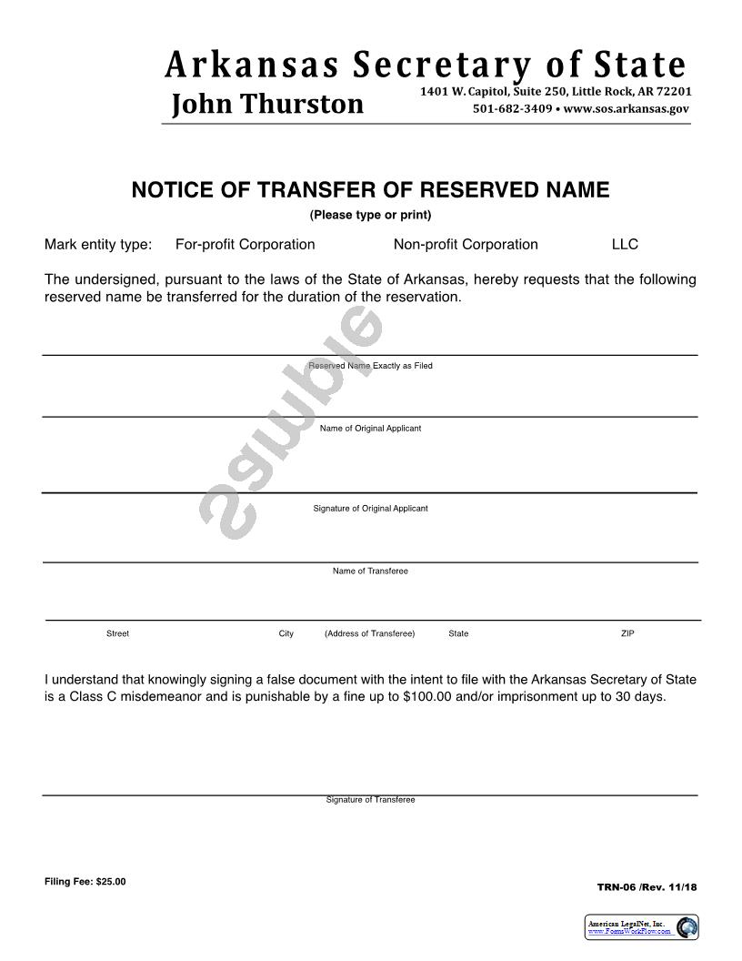 Notice Of Transfer Of Reserved Name {TRN-06} | Pdf Fpdf Docx | Arkansas